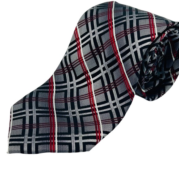 Pronto Uomo Men's Necktie Gray Red White Plaid 100% Silk Business Formal - Picture 1 of 3